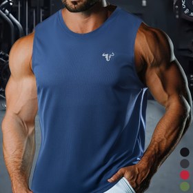 Resim 1 adet Erkek Yaz Kolsuz Atletik Yelek - Nefes Alabilir, Hızlı Kuruyan Polyester Kumaş, Yumuşak ve Rahat Spor Salonu, Koşu, Bisiklet, Balıkçılık ve Basketbol için - Sporlu Mavi Tasarım ile Logo, Spor Salonu Giyim | Spor Tasarımı | Hızlı Kuruyan Kumaş, Örgü 