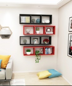 Resim Kitaplık Yatay Duvar Rafı Kırmızısiyah Mobilya 4 Lü Takım Kırmızısiyah 