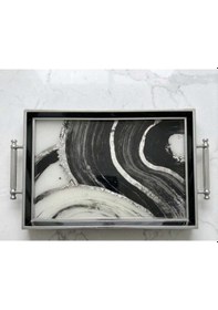 Resim Mermer Desenli Dekoratif Tepsi & Siyah Gümüş Çerceveli Kulplu Çay Kahve Sunum Tepsisi 