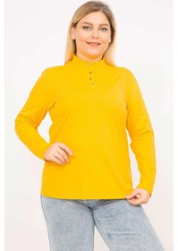 Resim Kadın Sarı Büyük Beden Pamuklu Kumaş Pat Düğmeli Bluz 65n35764-sarı Sarı 