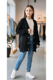 Resim Minimoda Kids Kız Çocuk Yırtık Detaylı Uzun Triko Hırka 
