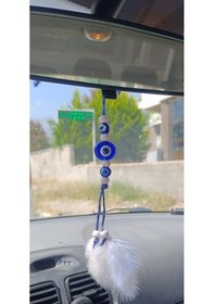 Resim Mavi Kuş Tüylü Nazar Boncuklu Araba Dikiz Ayna Süsü 