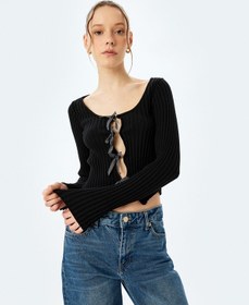 Resim Koton Fiyonklu V Yaka Slim Fit Crop Triko Hırka Siyah 5sal90020ht Siyah 