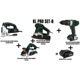 Resim Klpro Set-8 710W 80 MM Elektrikli Dekupaj Testere + 850W Planya Makinesi + 450W 150 MM Eksantrik Zımpara + Şarjlı Darbeli Matkap 