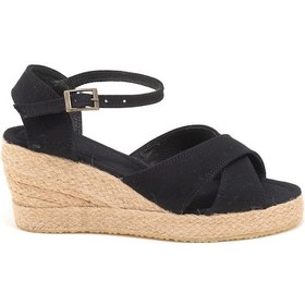 Resim Star Tombis Gerçek Elişi 9cm Topuklu Platformlu Dolgu Topuk Keten Çapraz Sandalet Handmade Siyah 