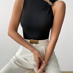 Resim Kadın Modası Kolsuz Siyah Crop Top Detaylı - Y2K Tarzı, Düz Renk, Tüm Mevsim Kullanılabilir Üst, Detaylı Tekstür Üst|Kolsuz Moda, Crop Top 