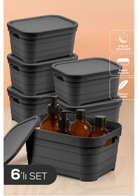 Resim 6'lı Kapaklı 3,8 Litre Saklama Kutusu Antrasit Antrasit 