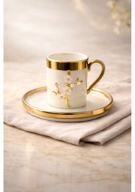 Resim 2 Kişilik Lüks Beyaz Gold Yaldızlı İnci Lotus Dallı Kahve Fincan Takımı Seti 100ml 