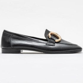 Resim Elle Siyah Deri Kadın Loafer 