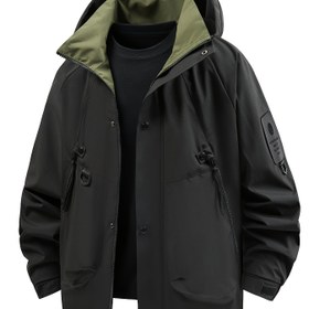 Resim Erkekler için Sonbahar ve Kışlık Dış Mekan Ceketi, Fermuarlı Büyük Cepli, Rahat Spor Kapüşonlu Günlük Mont, Yürüyüş, Tırmanış, Balıkçılık İçin 