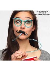 Resim Pipetli Parti Gözlüğü - Çocuk Ve Yetişkin Bıyıklı Pipet Gözlük Mavi Renk 18x14 Cm 