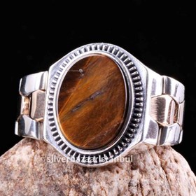 Resim Tigers Eye Stone Jewelry Clock 925 Sterling Silver Men Ring - US: 8.5 / 58.5 mm / Turk: 18.5 