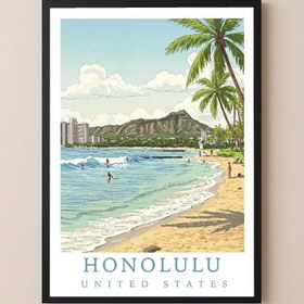 Resim Honolulu Hawaii - Waikiki Beach Diamond Head Wall Art Print - Wooden Frame - Black / 16 x 20" (40x50 cm) 