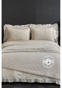 Resim Evlen Home %100 Pamuk Çift Kişilik Özel Taş Yıkama Nevresimli Yatak Örtüsü Seti 7 Parça Yumuşak Barbara Bej 