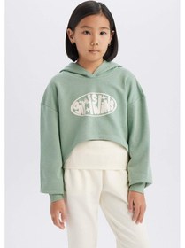 Resim DeFacto Kız Çocuk 2'li Takım Crop Kapüşonlu Baskılı Sweatshirt Atlet D8819A825SPGN1125 Yeşil 