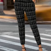 Resim Kadınlar için Yüksek Bel Siyah Beyaz Ekose Desenli ve Altın Zincir Detaylı Taytlar - İlkbahar/Yaz/Sonbahar İçin Esnek Günlük Pantolonlar, Makinede Yıkanabilir, Şeffaf Olmayan Kumaş 