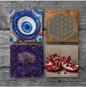Resim Nazar, Yaşam Çiçeği, Hayat Ağacı, Nar Taş Bardak Altlığı Seti - 4 Parça - Dekoratif, Rustik Mutfak Aksesuarı, 10x10 cm, Kaydırmaz Tabanlı, Şık ve Dayanıklı SC465 