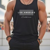 Resim Erkek Los Angeles Kaliforniya Grafik Tank Üstü - Kolsuz, Örgü Kumaş, Spor Salonu ve Günlük Giyim için Rahat ve Atletik Stil, Yuvarlak Yaka, Normal Beden, Yaz Giyimi 