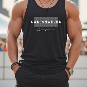 Resim Erkek Los Angeles Kaliforniya Grafik Tank Üstü - Kolsuz, Örgü Kumaş, Spor Salonu ve Günlük Giyim için Rahat ve Atletik Stil, Yuvarlak Yaka, Normal Beden, Yaz Giyimi 