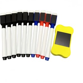 Resim 11 parça Manyetik Kuru Silinebilir Beyaz Tahta Kalemleri ve Silgi Seti, 6 Siyah Mıknatıs, 2 Kırmızı Mıknatıs, 2 Mavi Mıknatıs, 1 Kemik Şeklinde Silgi. Çeşitli Tebeşir Panoları, Beyaz Tahtalar, Greenboard Yazı Araçları Kit'i için Uygun 