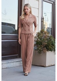 Resim JUMENT Kadın Esnek Kırınkıl Kumaş Yüksek Bel Beli Lastikli Yan Cepli Bol Paça Palazzo Pantolon-camel 