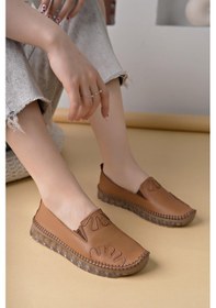 Resim Ayakdaş Saraç Detaylı Hakiki Deri Kadın Babet Ayakkabı Taba 