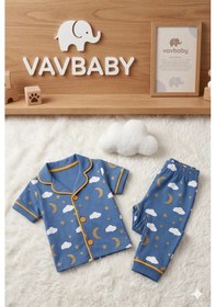 Resim Pamuklu Kruvaze Yaka Önden Düğmeli Bulut-ay Desenli Mevsimlik Alt Üst Pijama Takım-mavi 