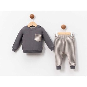 Resim Çizgili Erkek Bebek İkili Takım Gri Füme 