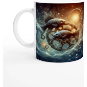 Resim Balık Burcu Baskılı Kahve Kupası - Zamanın Çarkları Astroloji Mekanizması Vs1 