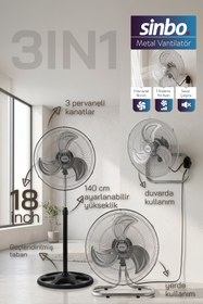 Resim Sinbo SF-6791 Endüstriyel Vantilatör 18 İnç 90W 3’ü 1 Arada Ayaklı Duvar Tipi Yer Tipi Güçlü Fan 
