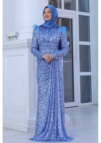 Resim Raika Moda Parıltılı Kol Tüy Detaylı Şura Tesettür Büyük Abiye İndigo 