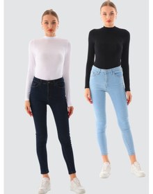 Resim Kadın Viskon Boğazlı Kopçalı Zıbın Body 2'li Set Siyah-beyaz Siyah - Beyaz 