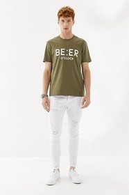 Resim Beer OClock Baskılı Bisiklet Yaka Regular Fit Tişört Haki 