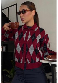Resim Madmext Bordo Baklava Desenli Polo Yaka Kadın Hırka Mg2478 Bordo 