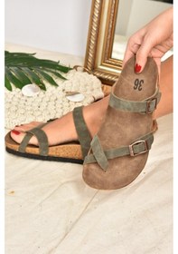 Resim Fox Shoes Yeşil Süet Parmak Arası Kadın Terlik K777613402 