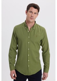 Resim Tudors Erkek Slim Fit Dar Kesim Düz Oxford Armalı Yaka Düğmeli Yeşil Spor Gömlek-42014 Yeşil 