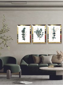 Resim YALOVA SHOP Modern Sanatsal Dijital UV Baskı Gold Ayna Pleksi Çerçeveli 3'lü Yeşil Çiçek Tablo Seti 