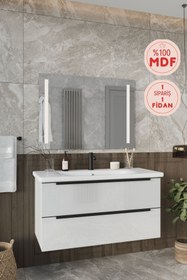 Resim BALNEOM Banyo Kadife Beyaz Parlak Hıgh Gloss %100 Mdf 100 Cm Banyo Dolabı Led Işıklı Aynalı Üst Dolap 