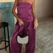 Resim Kadınlar İçin: Omuz Açık Crop Top + Geniş Paça Pantolon İki Parçalı Kıyafet, Şık Bol Kesim Elastik Rahat Uzun Pantolonlu Camisole – Parti, Buluşmalar ve Tatil Giyimi 