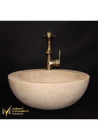 Resim Traverten Batarya Çıkışlı Yuvarlak Tasarım Lavabo 