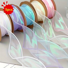 Resim 5 Rulo Gökkuşağı Denizkızı Kuyruğu Organza Kurdele, 9.14 Metre - Çok Renkli Holografik Kenar Tasarım DIY El İşleri, Buketler, Hediye Paketleme & Dekorasyonlar İçin - Noel, Paskalya ve Sevgililer Günü için Mükemmel 