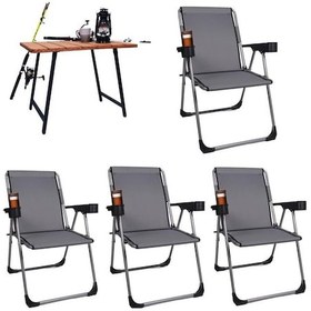 Resim Alin Metal Kamp Sandalyesi 4''lü Lüks Bardaklı Kamp Sandalyesi Ve Masa Set Trf-01 Gri Gri 