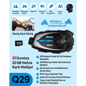 Resim Q29 Kameralı Motosiklet Interkom Kulaklığı Geniş Açılı Görüş Hd Kayıt ve 32GB Hediye Kart Yol Arkadaşınız 
