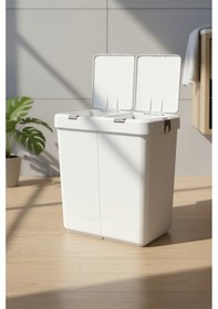 Resim İkili Dokunmatik Çamaşır Sepeti Beyaz-gri Tuş Temizlik Kovası Kirli Sepeti 80 L Beyaz-gri 