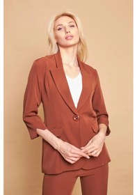 Resim Yakalı Tek Düğmeli Kapri Kollu Kolu Yırtmaçlı Hafif Likralı Kumaş Blazer Ofis Ceket-koyu Taba K.taba 