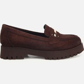Resim Yaya Kadın Kahverengi Süet Toka Detaylı Kalın Taban Loafer 