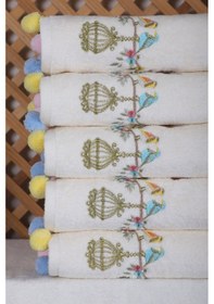 Resim 6 Lı Kuş Nakışlı El Yüz Havlu Seti Ponponlu Hediyelik Çeyizlik El Yüz Havlu Takımı 50 X 90 Cm 001 