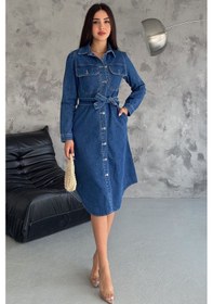 Resim Noa & Noa Kadın Kuşaklı Düğmeli Denim Elbise Yapılandırılmış & Şehirli Stil Mavi 