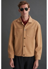 Resim Axxent Erkek Kaşe Kalın Kumaşlı Gömlek Yaka Cepli Bomber Bej Ceket 