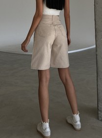 Resim %100 Pamuk yüksek Bel Gabardin None Denim 5 Cep Kadın Bermuda Şort @Udine - Mavi / 38 